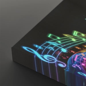 A close-up of a dark rectangular panel or canvas showing a glowing neon musical staff with treble clefs and music notes in blue, green, yellow, and pink against a dark background.