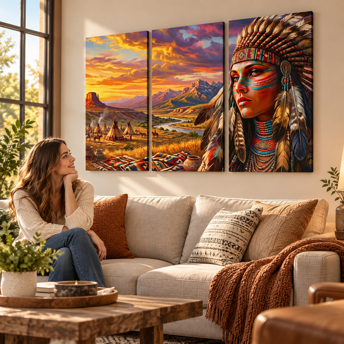 A three-panel canvas wall art set hangs above a beige sofa in a living room. The artwork depicts a colorful landscape with mountains, tipis, and a dramatic sunset, with a large portrait of an Indigenous woman on the right panel.