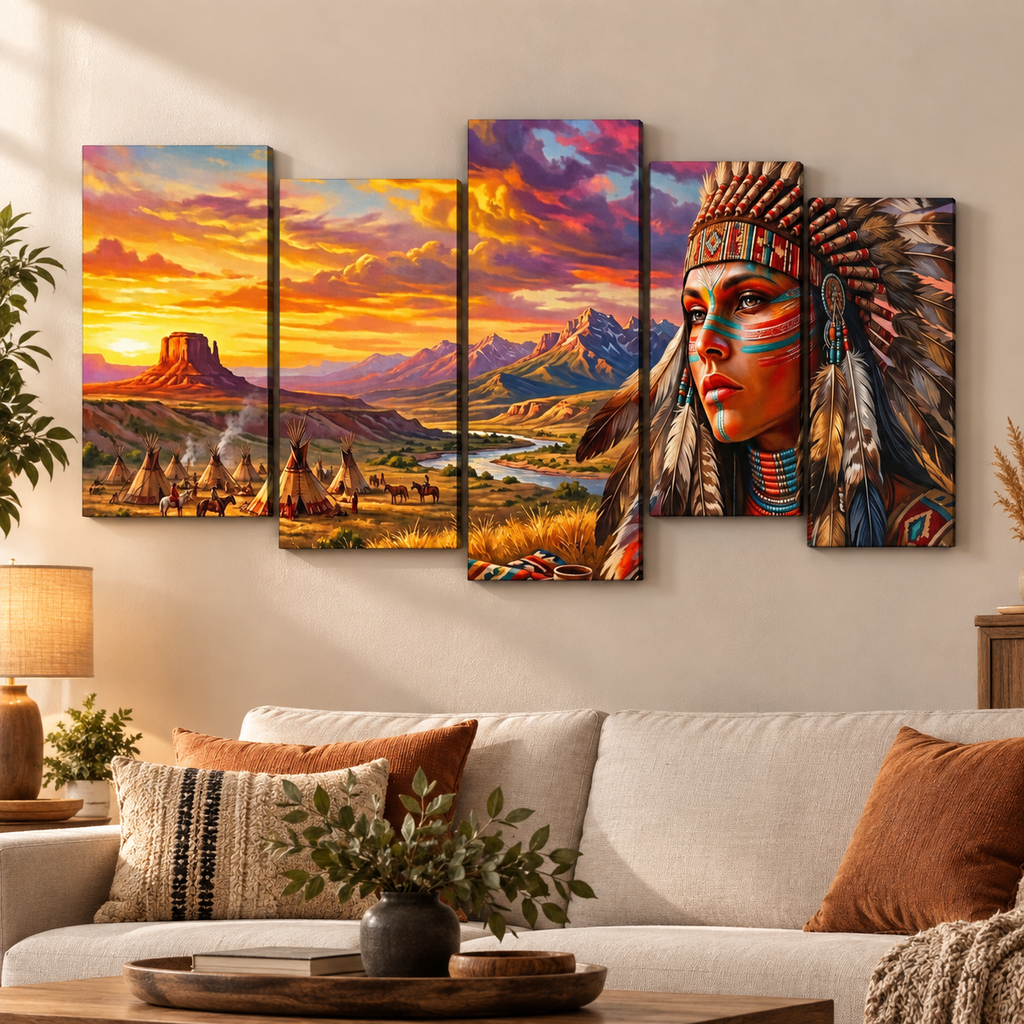 A five-panel canvas wall art set displayed above a sofa in a living room. The artwork shows a dramatic sunset landscape with mountains, tipis, and a portrait of a woman in a feathered headdress on the right side.