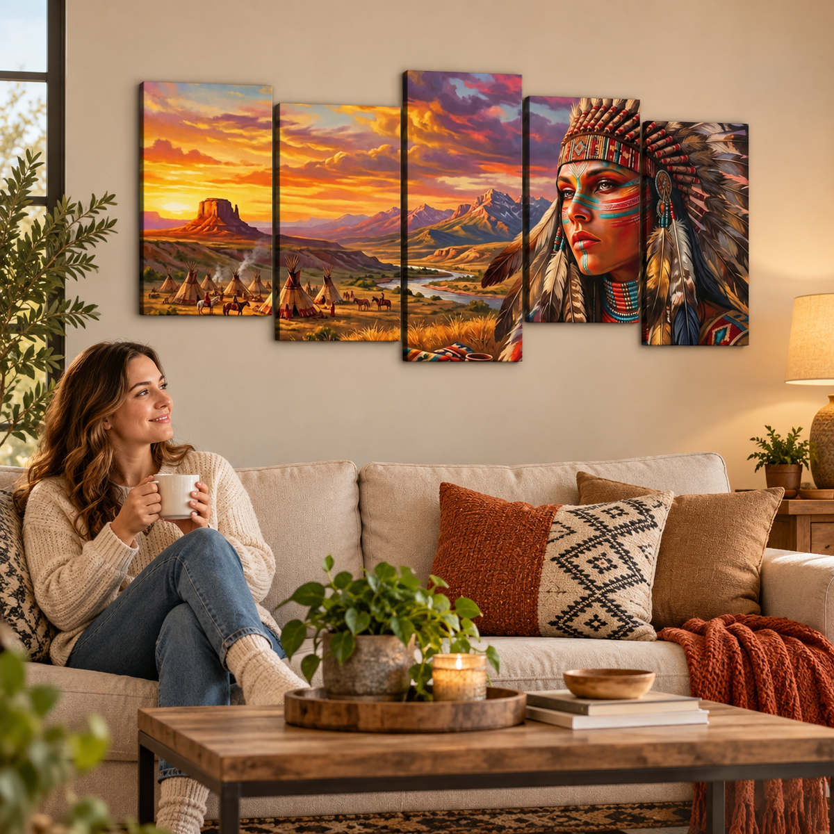 Native American Woman at Sunset | 1, 3, 5 Panel Canvas Wall Art