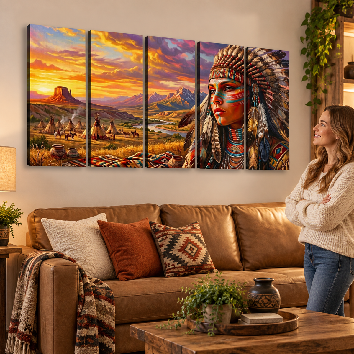 Native American Woman at Sunset | 1, 3, 5 Panel Canvas Wall Art