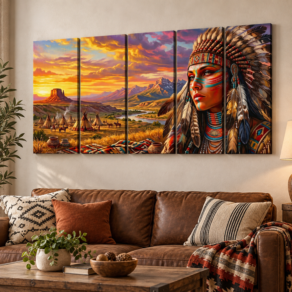 Native American Woman at Sunset | 1, 3, 5 Panel Canvas Wall Art