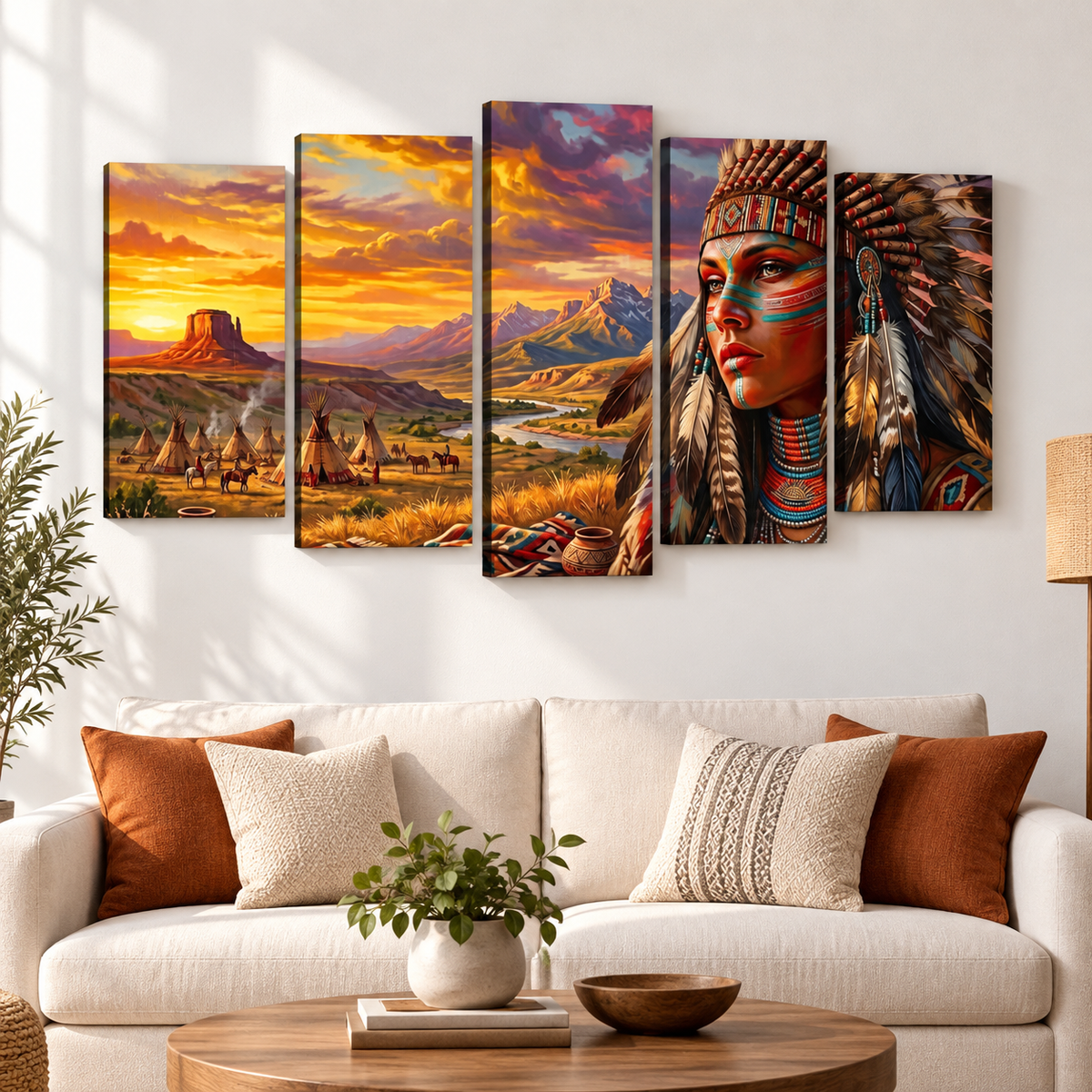 Native American Woman at Sunset | 1, 3, 5 Panel Canvas Wall Art