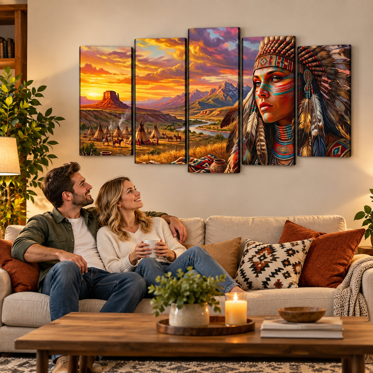 Native American Woman at Sunset | 1, 3, 5 Panel Canvas Wall Art