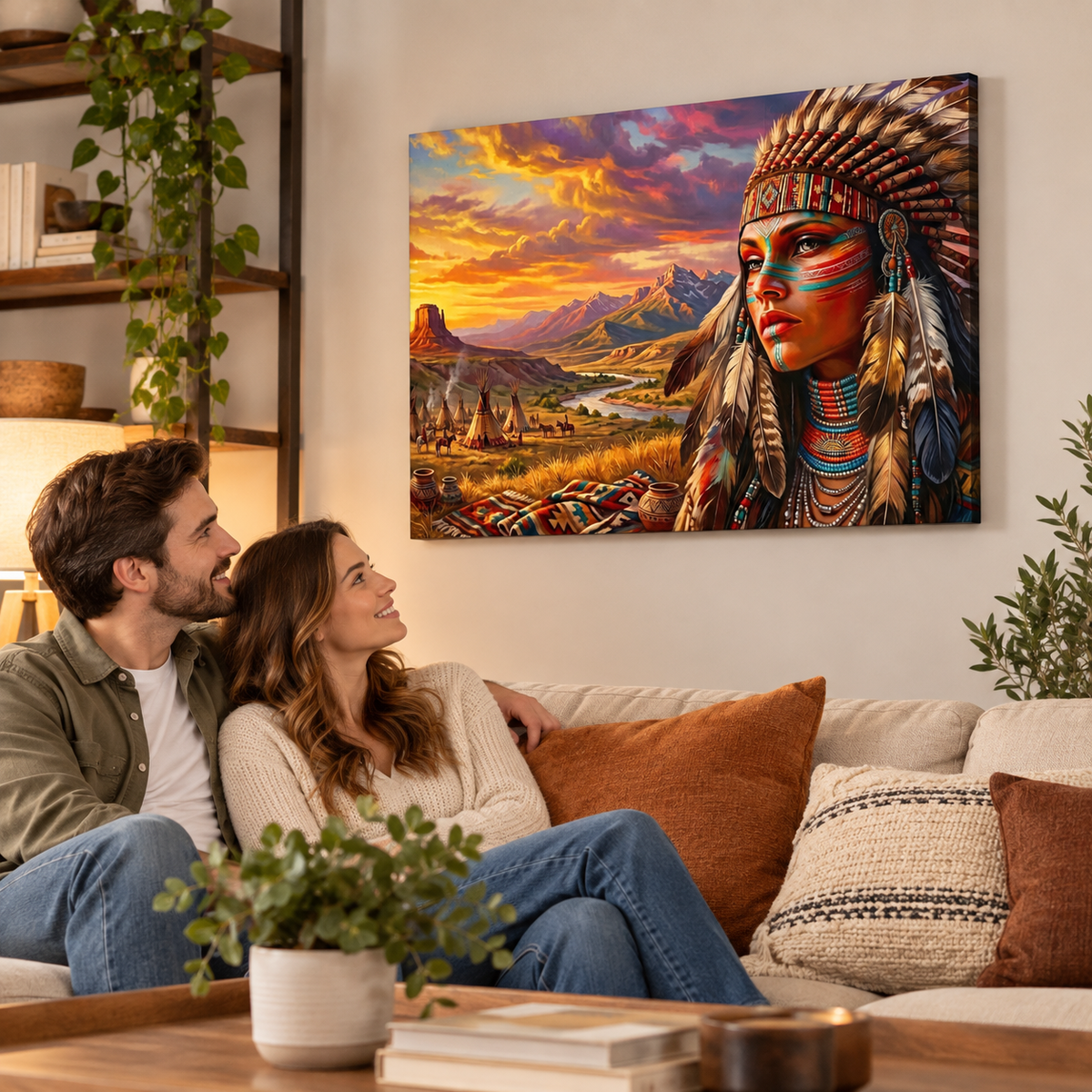 A couple sits on a beige sofa in a cozy living room, looking up at a large colorful wall art print depicting a Native American woman in a feathered headdress against a dramatic sunset landscape. The room includes plants, shelves, and decorative pillows.