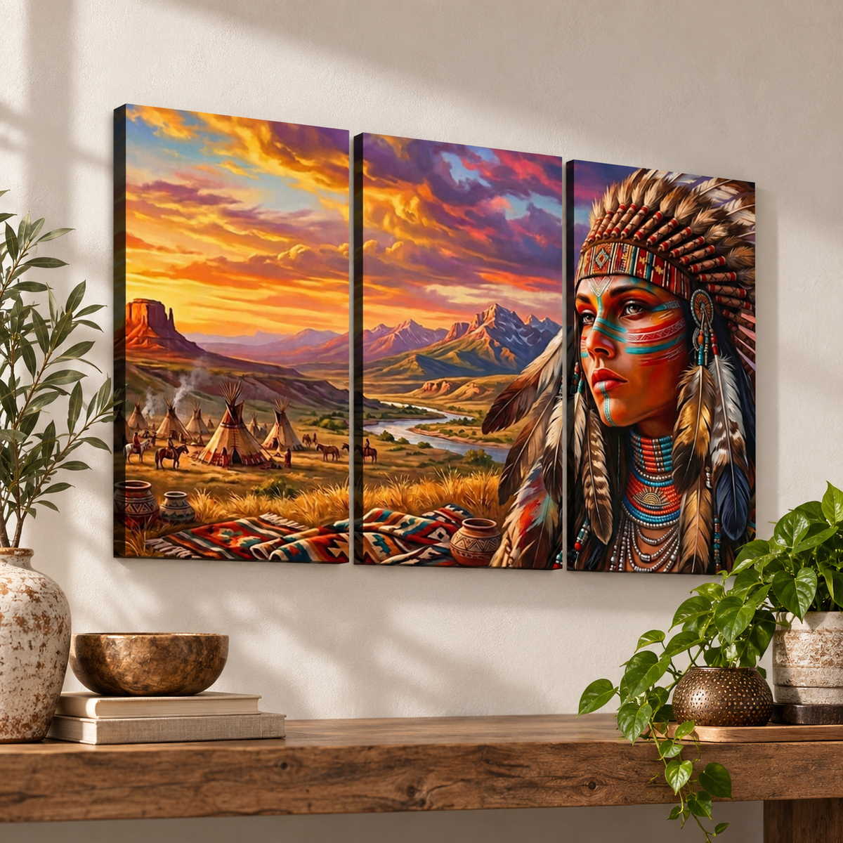 Native American Woman at Sunset | 1, 3, 5 Panel Canvas Wall Art