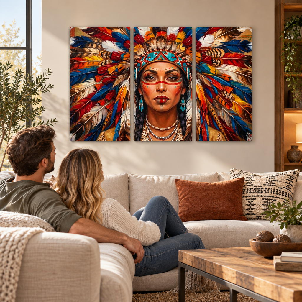Native American Indian Woman 5-Panel Level Split Canvas Wall Art | Multi-Panel Print