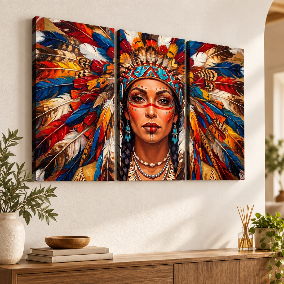 Native American Indian Woman 5-Panel Level Split Canvas Wall Art | Multi-Panel Print