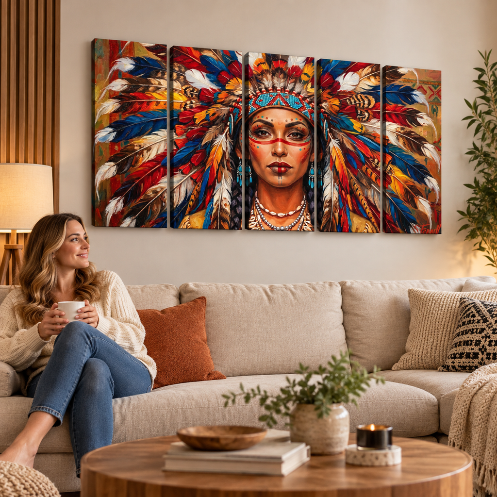 Native American Indian Woman 5-Panel Level Split Canvas Wall Art | Multi-Panel Print