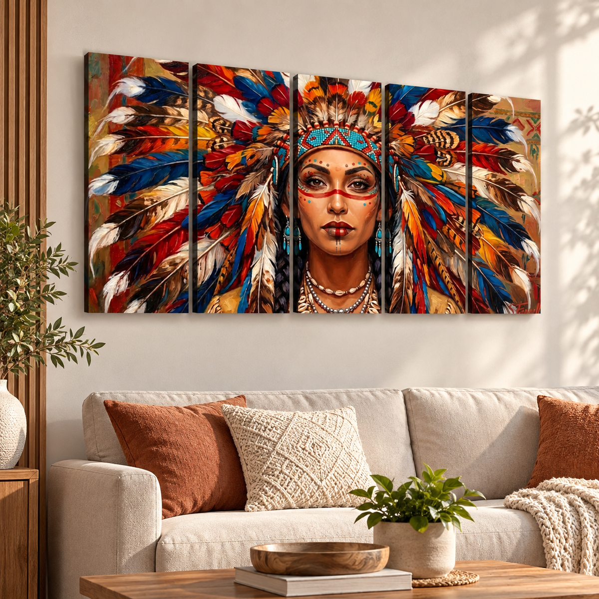 Native American Indian Woman 5-Panel Level Split Canvas Wall Art | Multi-Panel Print