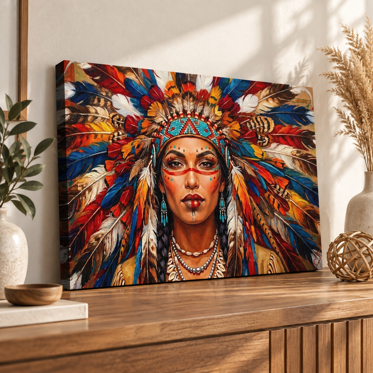 Native American Indian Woman 5-Panel Level Split Canvas Wall Art | Multi-Panel Print