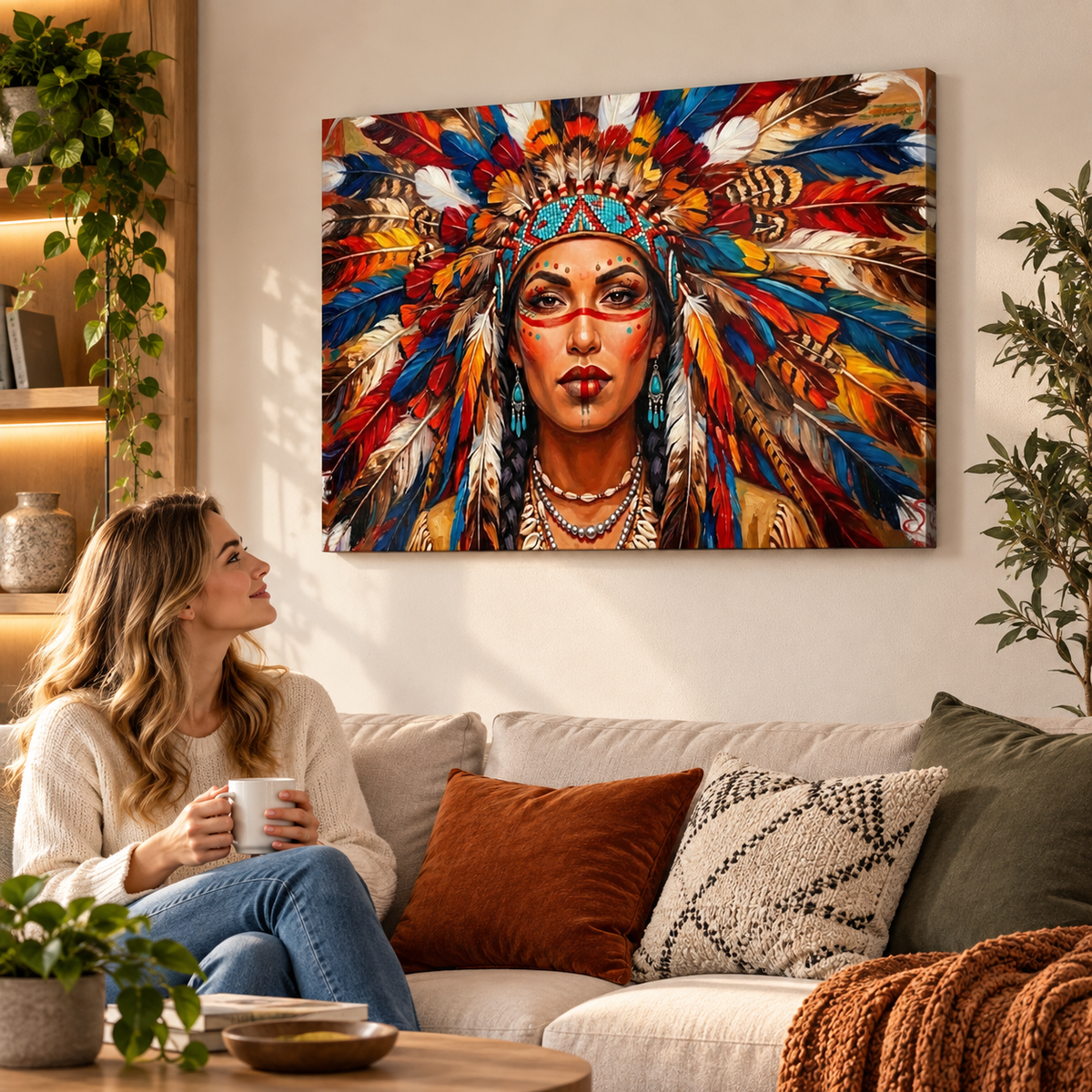 Native American Indian Woman 5-Panel Level Split Canvas Wall Art | Multi-Panel Print