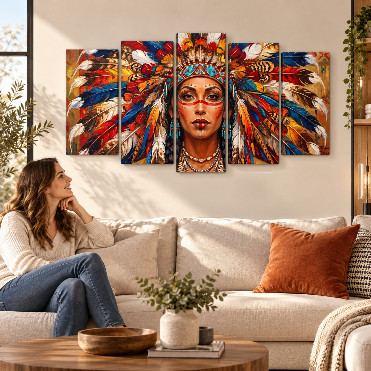 Native American Indian Woman 5-Panel Level Split Canvas Wall Art | Multi-Panel Print