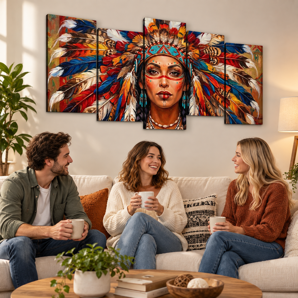 Native American Indian Woman 5-Panel Level Split Canvas Wall Art | Multi-Panel Print