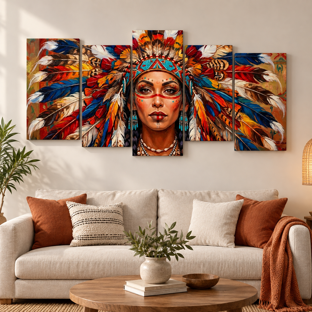 Native American Indian Woman 5-Panel Level Split Canvas Wall Art | Multi-Panel Print