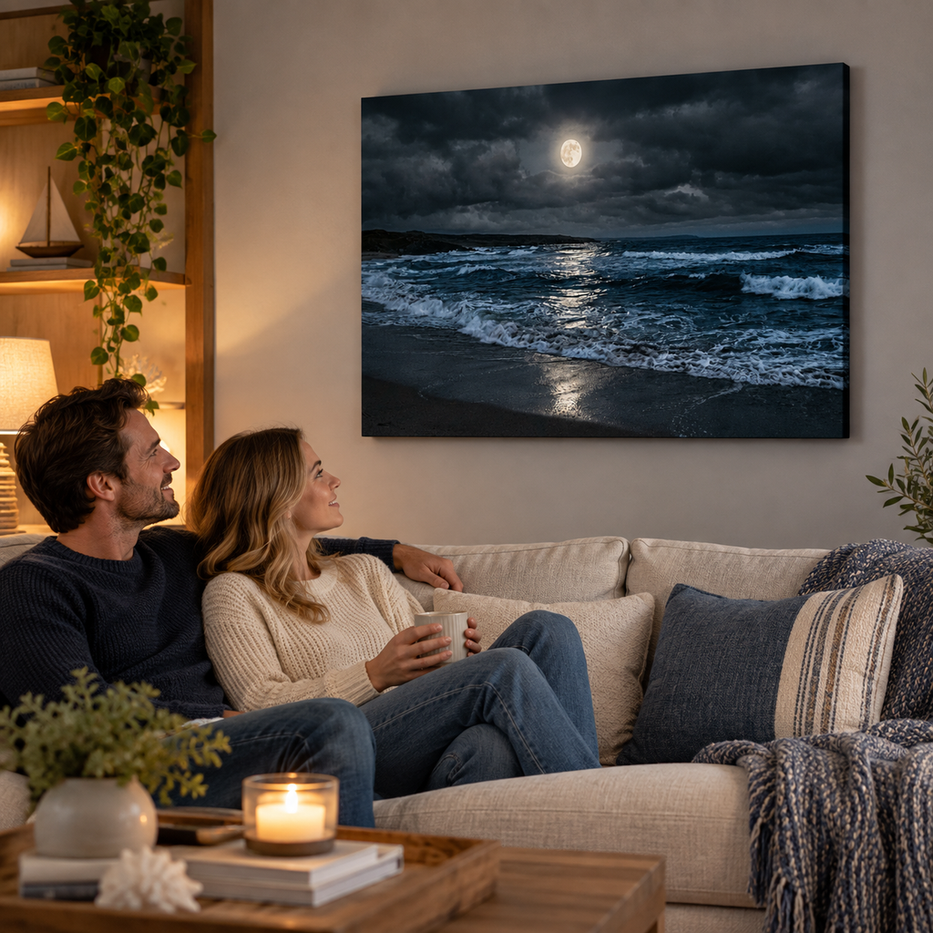 A couple relaxes on a beige sofa in a warmly lit living room, looking at a large square canvas print of a moonlit ocean scene hanging on the wall.
