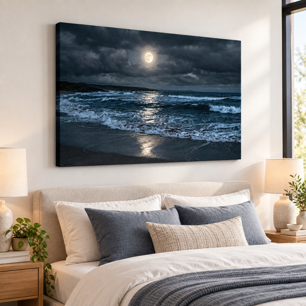A large rectangular wall art print showing a moonlit ocean scene with dark clouds, waves, and bright moonlight reflection, displayed above a bed in a modern bedroom.