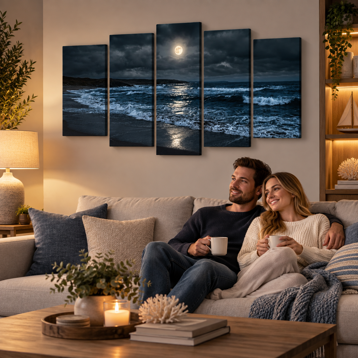 A five-panel canvas wall art set depicting a moonlit ocean scene with dark blue waves and a bright full moon, displayed above a couple sitting on a beige sofa in a warmly lit living room.