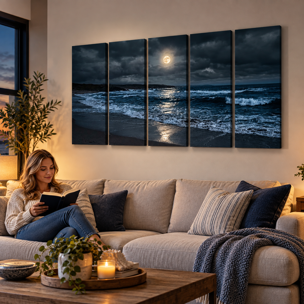 A five-panel canvas wall art set depicting a dramatic moonlit ocean scene with dark clouds, white waves, and moonlight reflection, displayed above a beige sofa in a cozy living room with a woman reading a book.