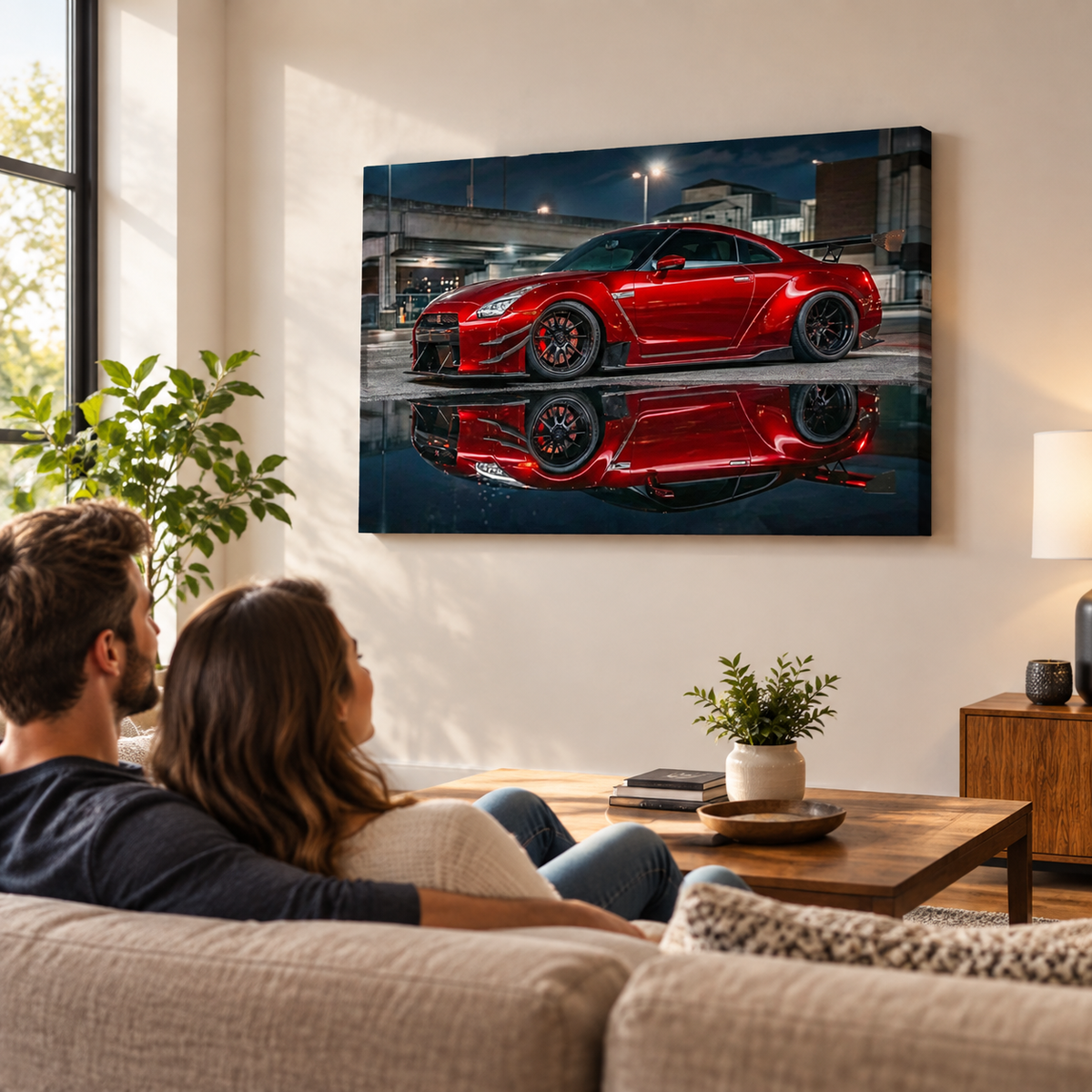 A couple sits on a beige sofa in a modern living room, looking at a large wall art print depicting a red  Nissan GTR R35  sports car reflected in water at night.