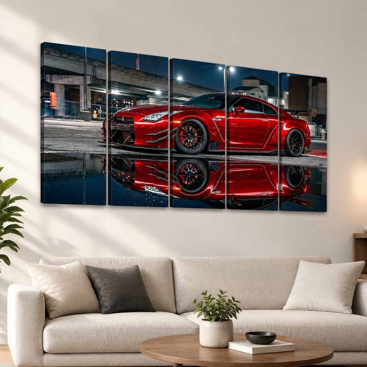 A five-panel canvas wall art set depicting a red sports car on a wet street at night with its reflection below, displayed above a beige sofa in a modern living room setting.