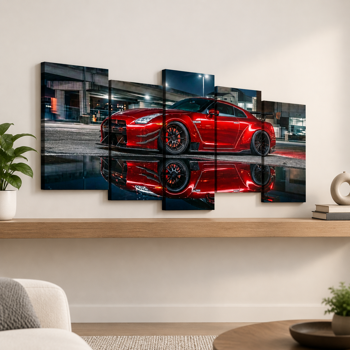 A 6-panel canvas wall art set depicting a red  Nissan GTR R35  sports car in a dark urban setting with its reflection on wet pavement, displayed on a beige wall above a wooden shelf in a modern living room setting.
