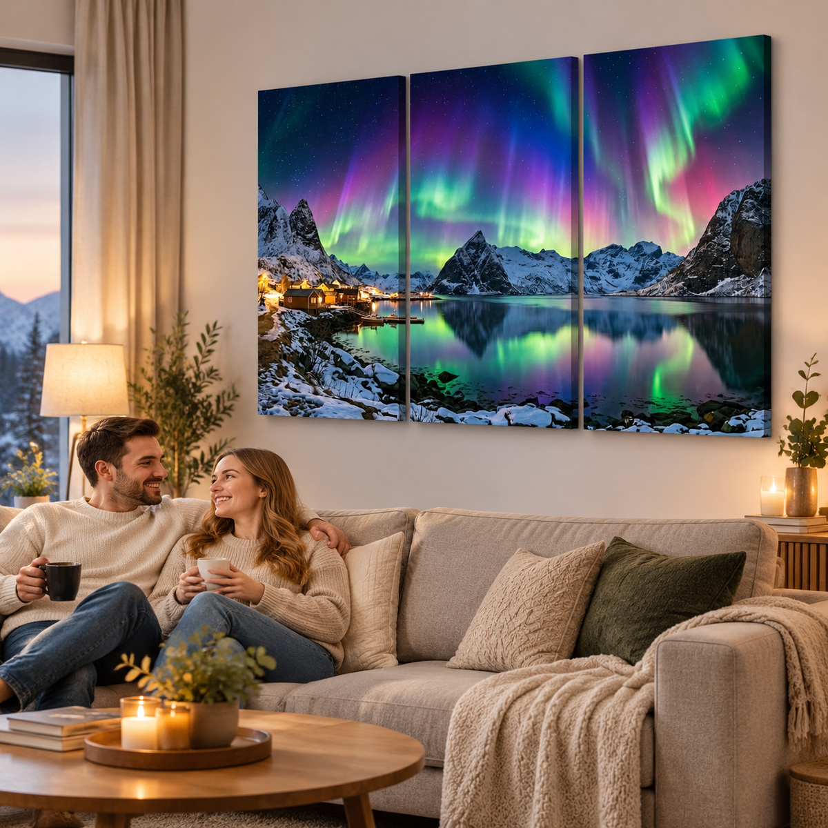 Northern Lights Over the City — 5 Panel Level Canvas Wall Art