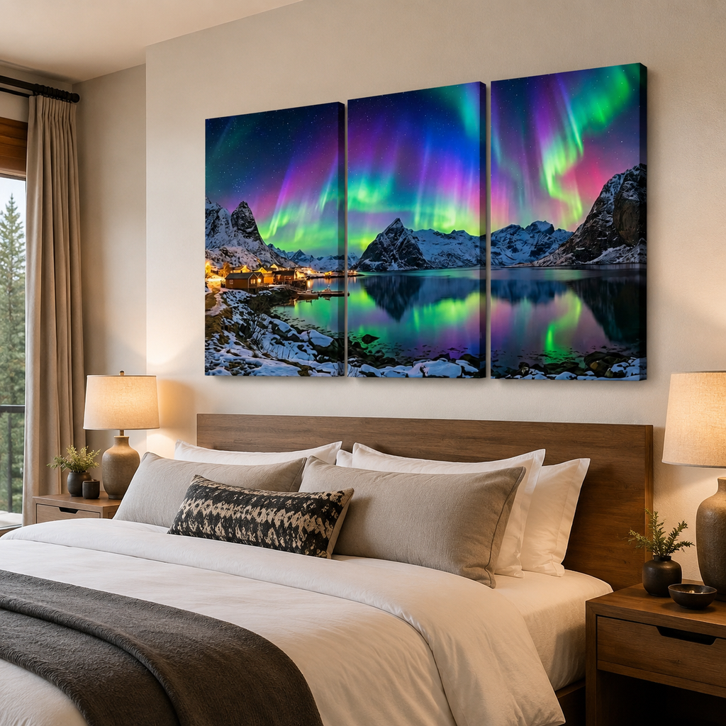 Northern Lights Over the City — 5 Panel Level Canvas Wall Art