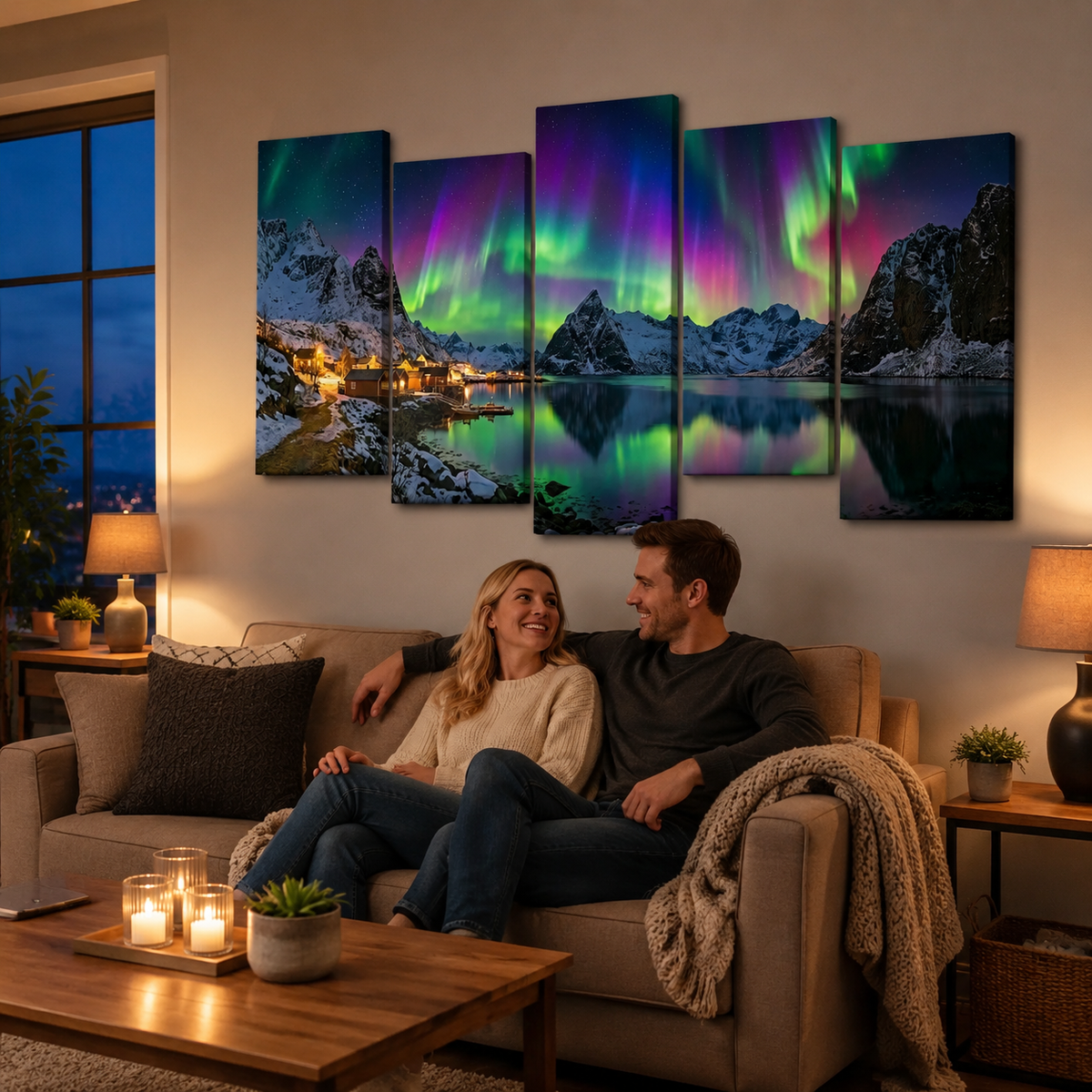 Northern Lights Over the City — 5 Panel Level Canvas Wall Art
