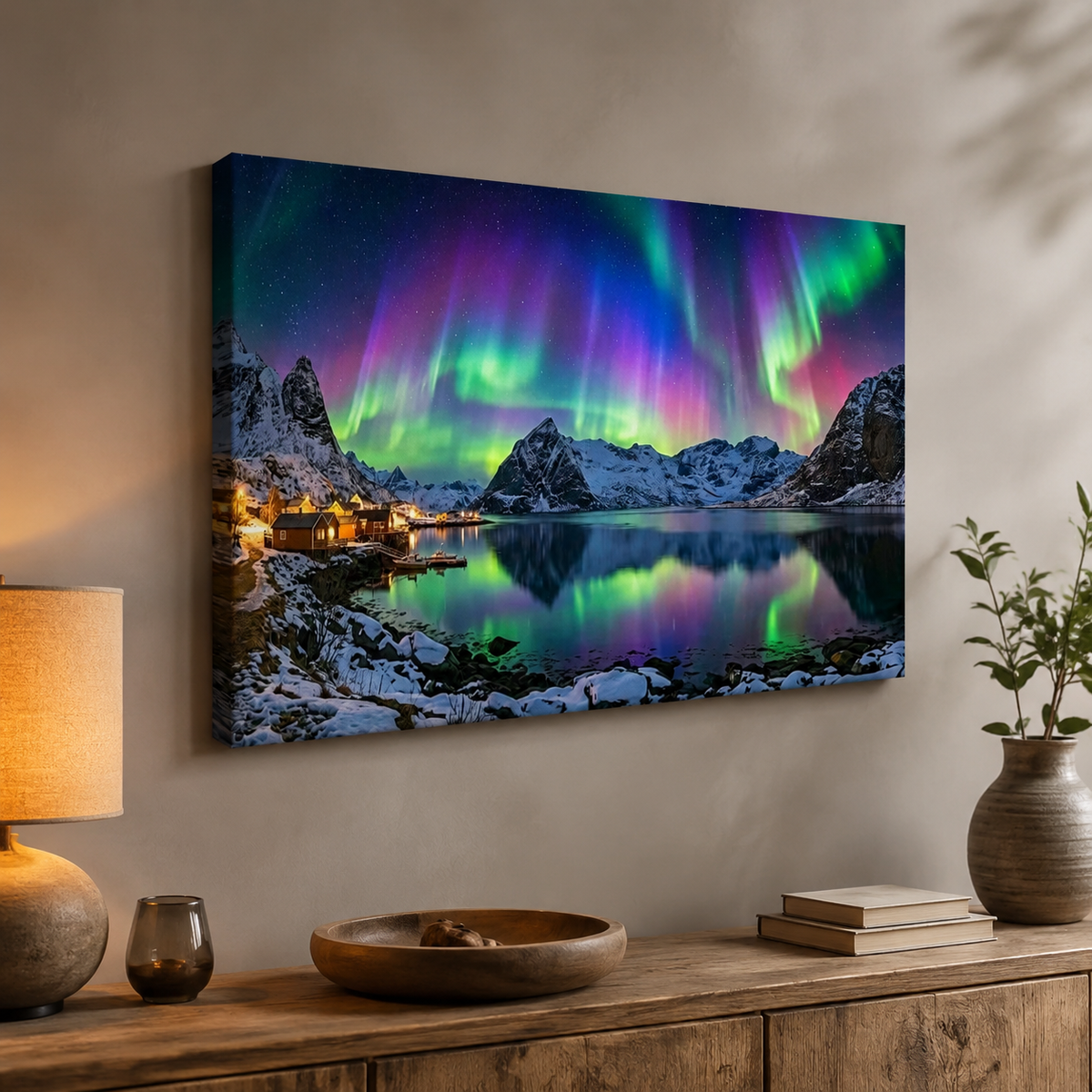 Northern Lights Over the City — 5 Panel Level Canvas Wall Art
