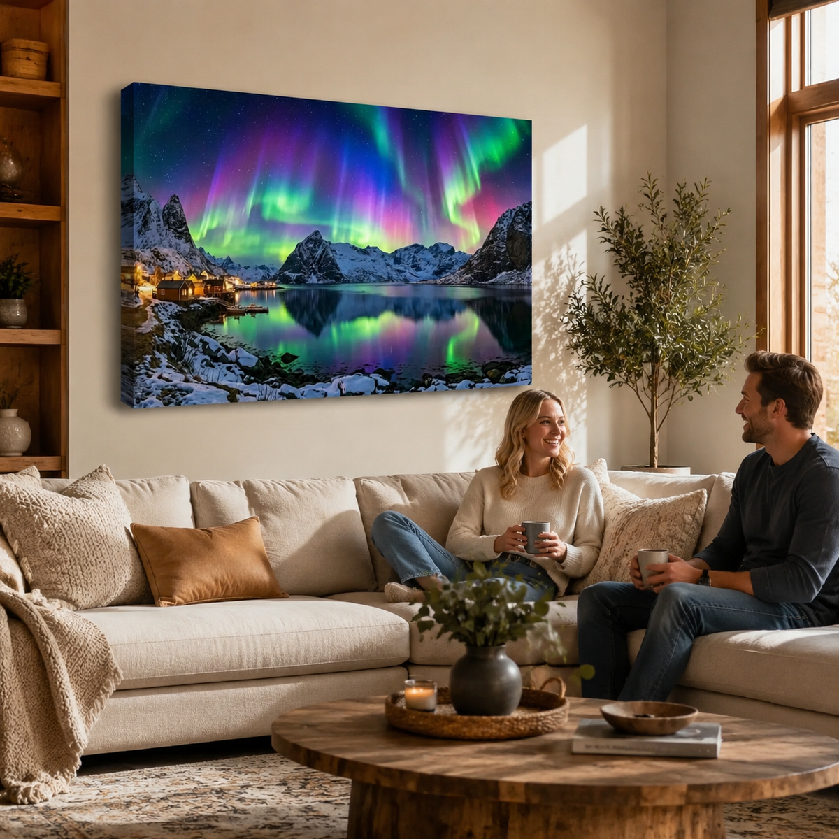 Northern Lights Over the City — 5 Panel Level Canvas Wall Art