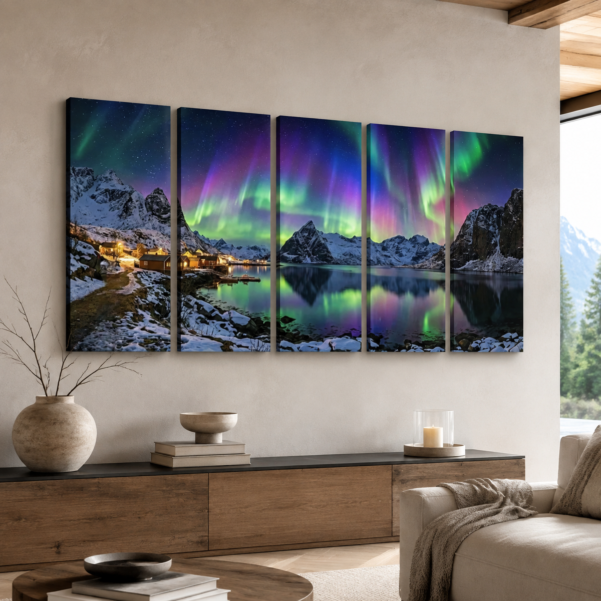 Northern Lights Over the City — 5 Panel Level Canvas Wall Art