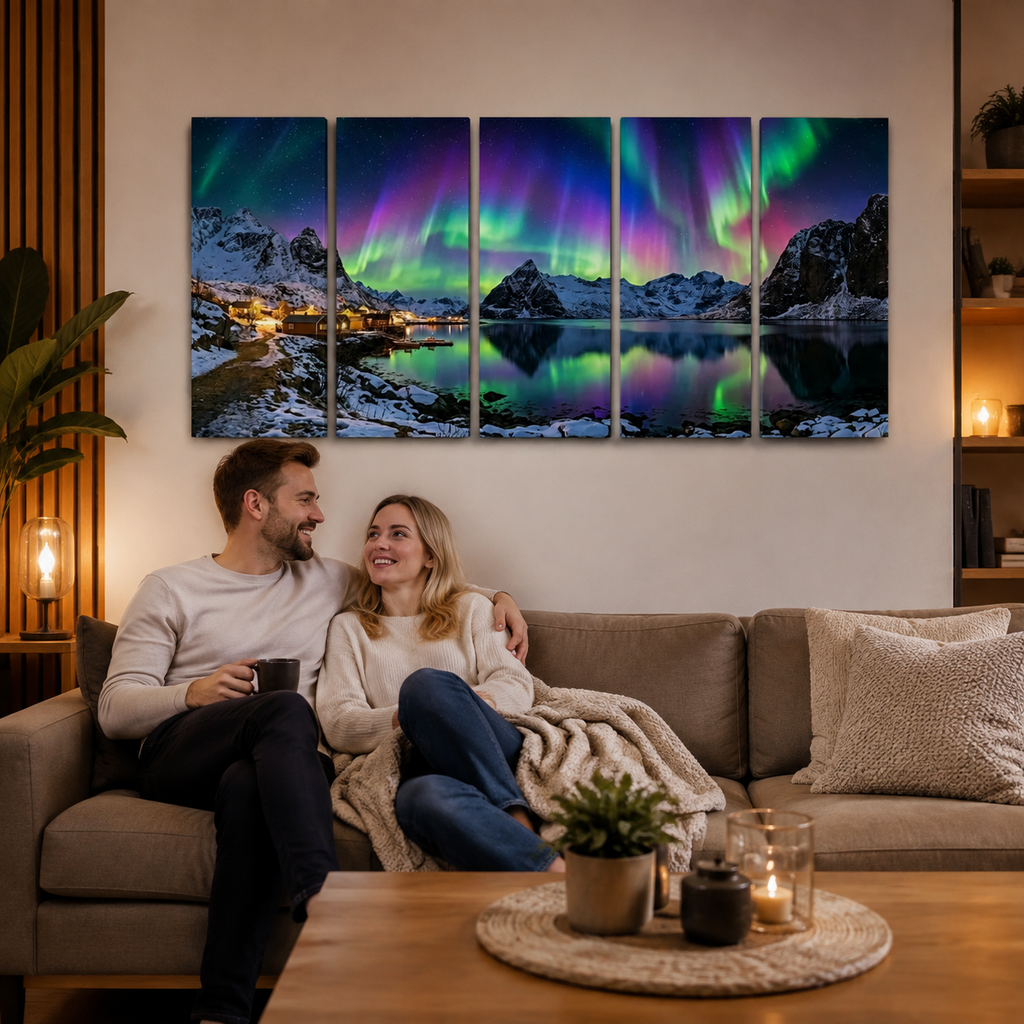 Northern Lights Over the City — 5 Panel Level Canvas Wall Art