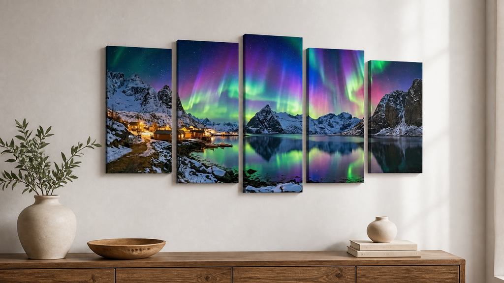 A five-panel canvas wall art set depicting a snowy mountain landscape with glowing fjord lights and vivid aurora borealis in the sky, displayed on a light wall above a wooden console table with decorative vases and books.