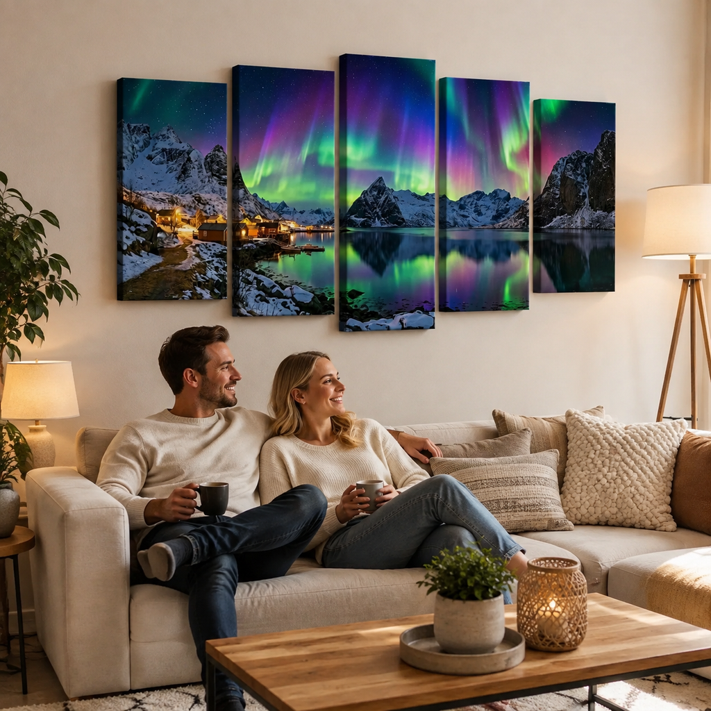 A five-panel canvas wall art set depicting a snowy mountain landscape with glowing fjords and vivid green and purple aurora borealis, displayed above a couple sitting on a beige sofa in a cozy living room.