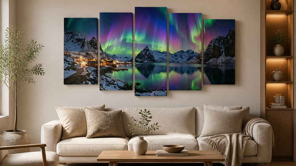 Northern Lights Over the City — 5 Panel Level Canvas Wall Art