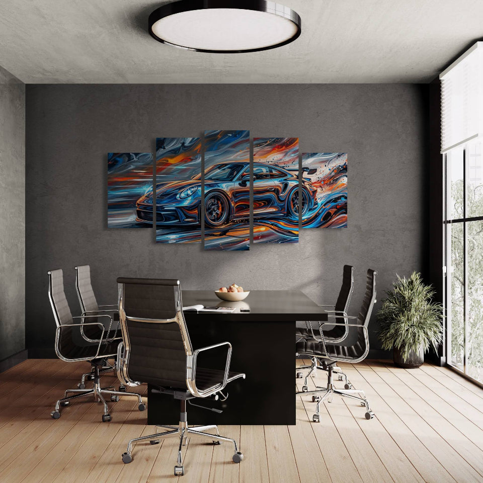 Modern office with a large abstract painting of a car on the wall.
