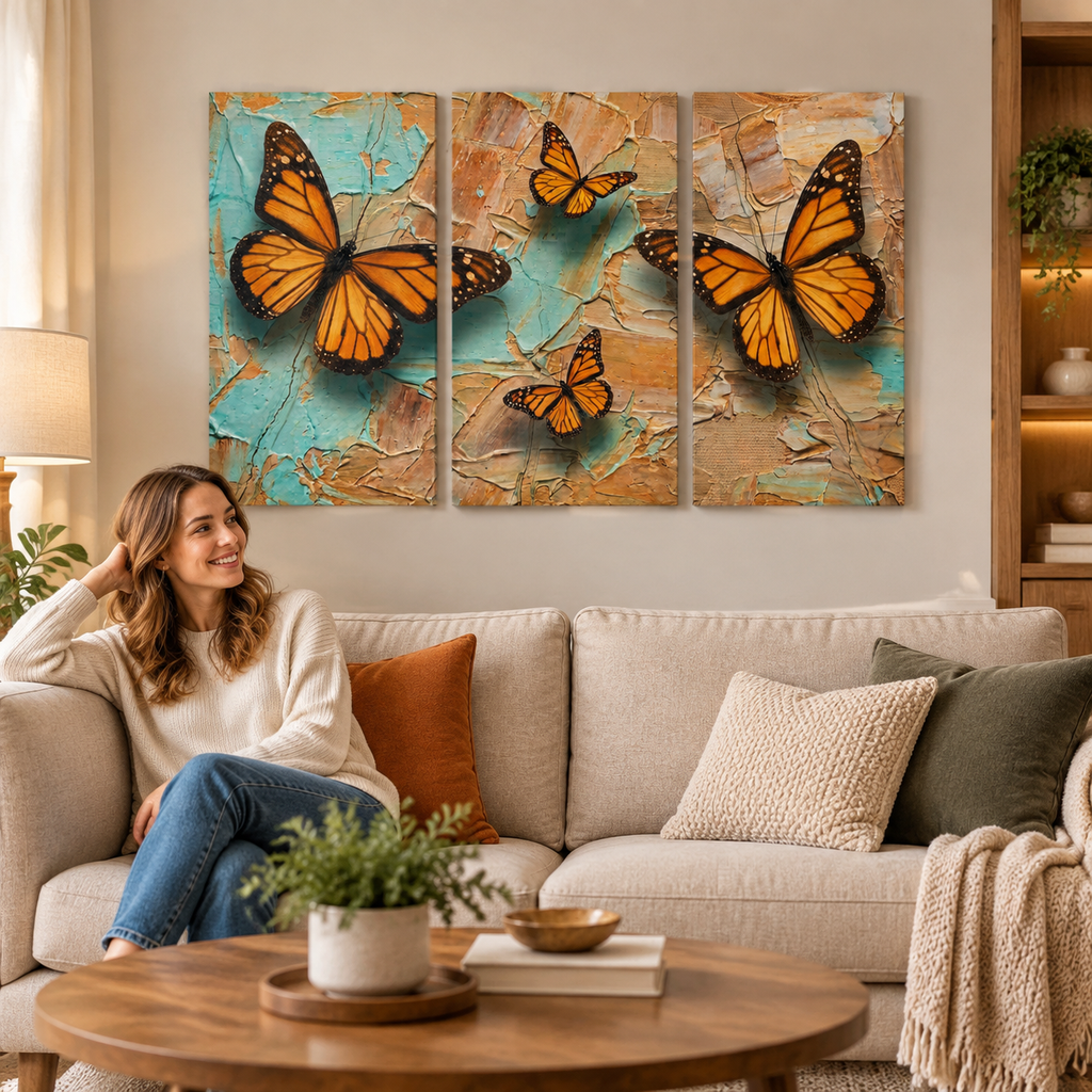 Pastel Oil Type Painting Monarch Butterfly Butterflies 1, 3, 5-Panel Split Canvas Wall Art