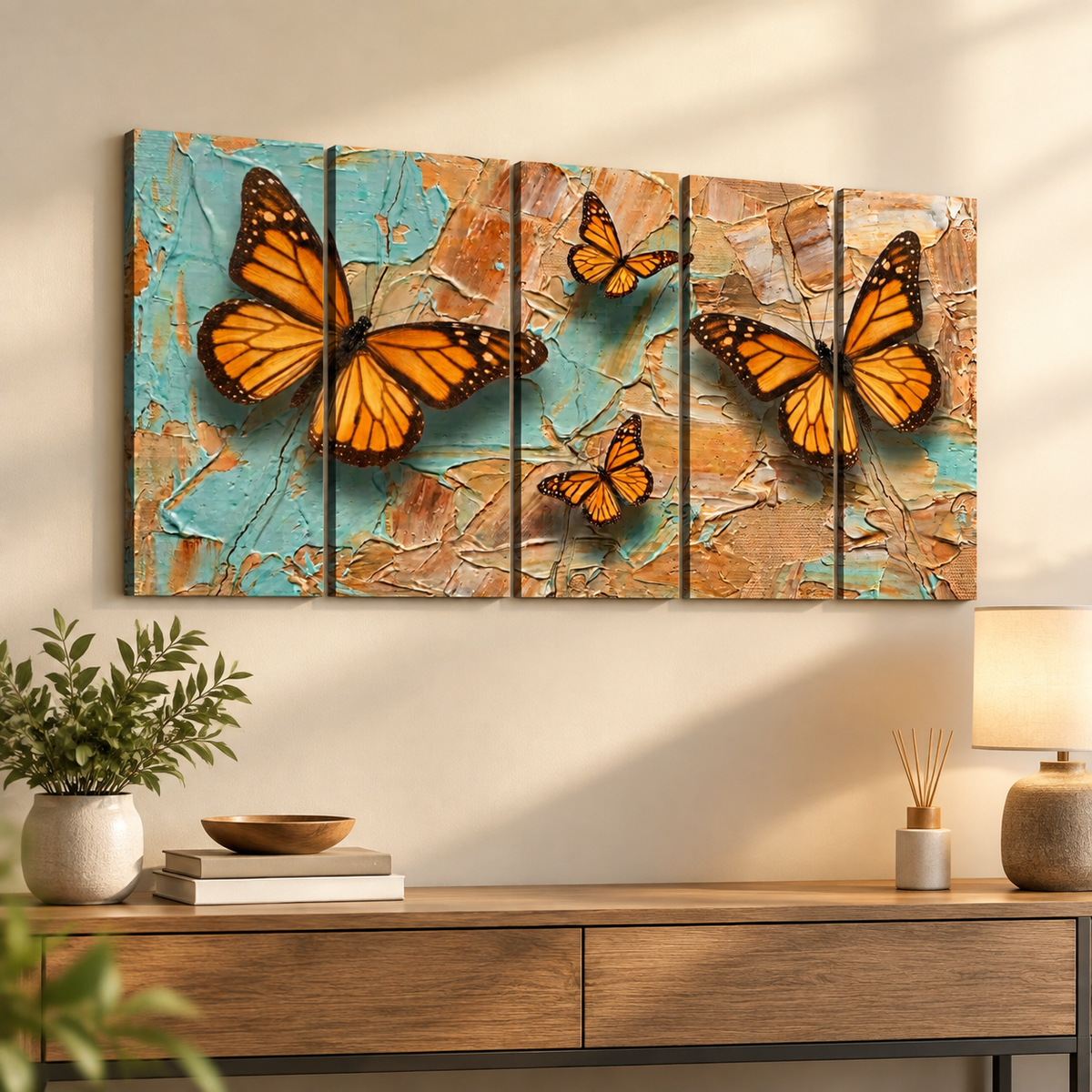 Pastel Oil Type Painting Monarch Butterfly Butterflies 1, 3, 5-Panel Split Canvas Wall Art