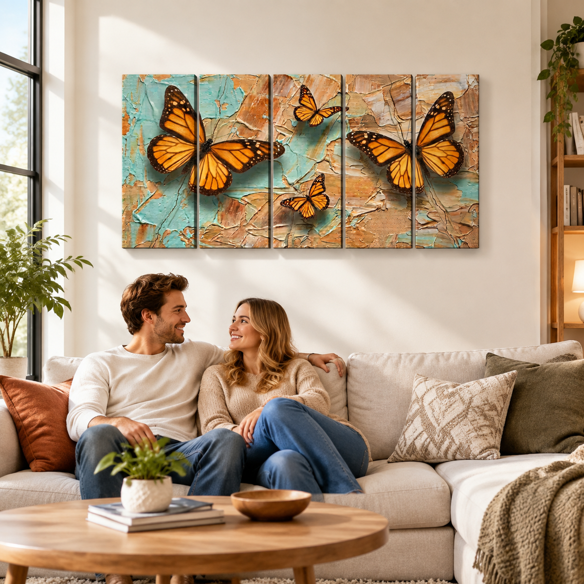 Pastel Oil Type Painting Monarch Butterfly Butterflies 1, 3, 5-Panel Split Canvas Wall Art