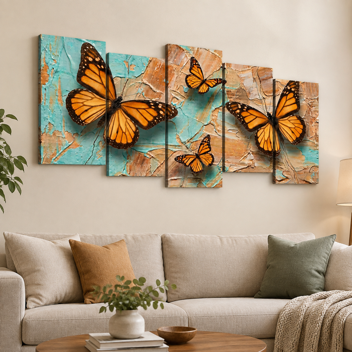 Pastel Oil Type Painting Monarch Butterfly Butterflies 1, 3, 5-Panel Split Canvas Wall Art