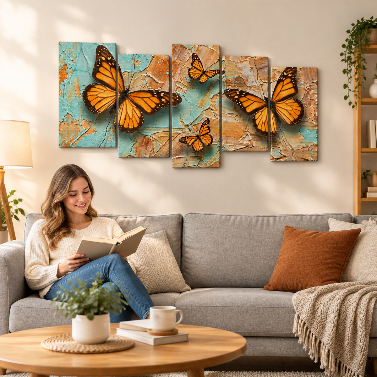 Pastel Oil Type Painting Monarch Butterfly Butterflies 1, 3, 5-Panel Split Canvas Wall Art