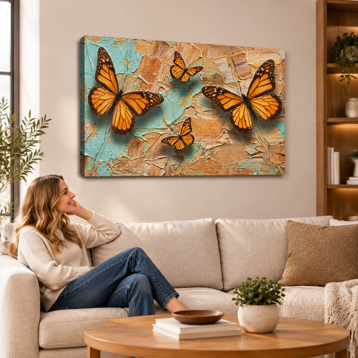 Pastel Oil Type Painting Monarch Butterfly Butterflies 1, 3, 5-Panel Split Canvas Wall Art