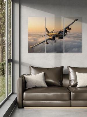 Modern living room with a brown leather sofa and wall art of a P2V  airplane flying over clouds.