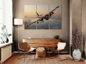 Modern interior with a large wall art of a P2V airplane flying over clouds.