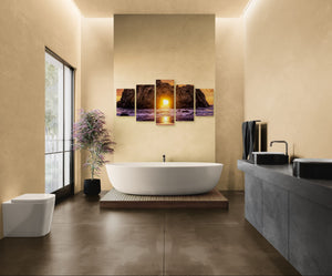 Modern bathroom with a freestanding bathtub, wall art, and large windows.
