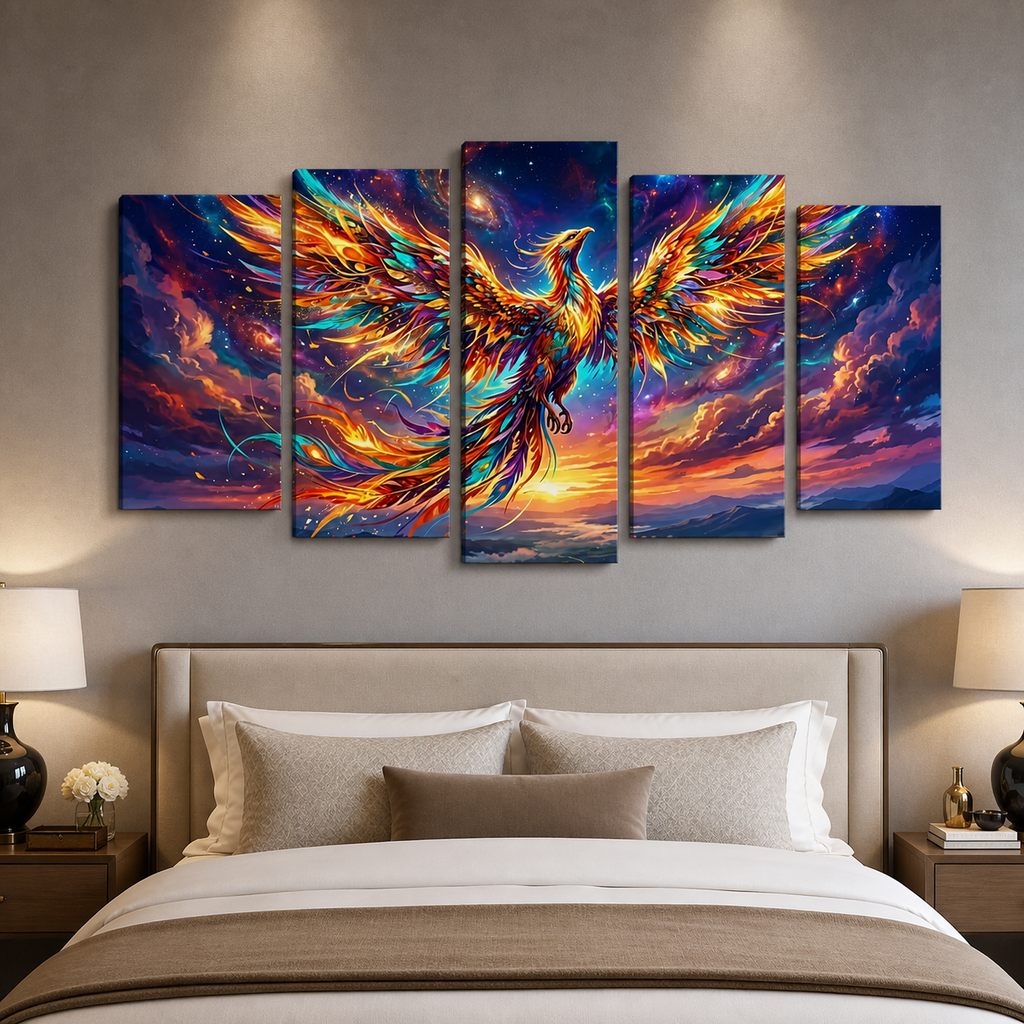 A five-panel canvas wall art set depicting a glowing phoenix with fiery orange, yellow, and blue wings against a cosmic sky, displayed above a neatly made bed in a modern bedroom.
