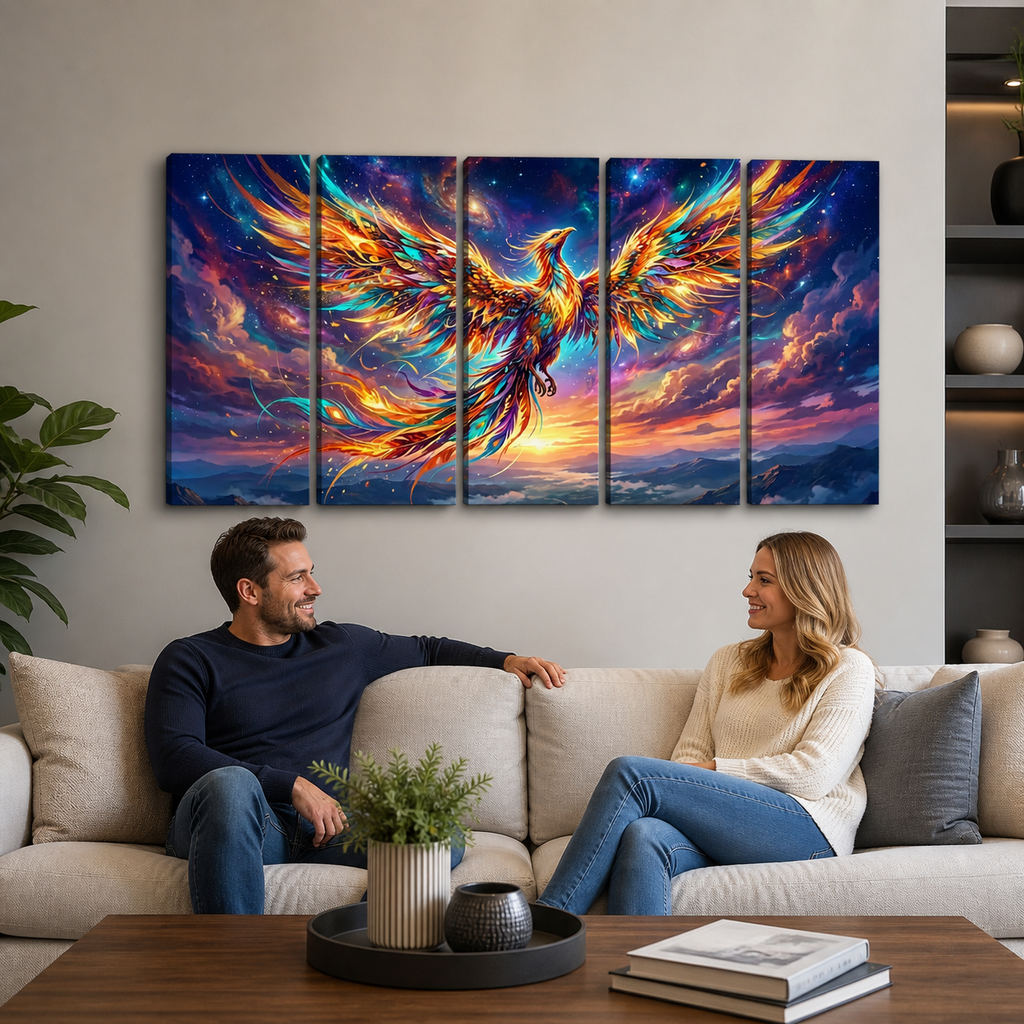A 5-panel canvas wall art set depicting a vibrant, colorful phoenix rising from a cosmic sky, displayed on a beige wall above a living room sofa with a man and woman sitting on the couch.
