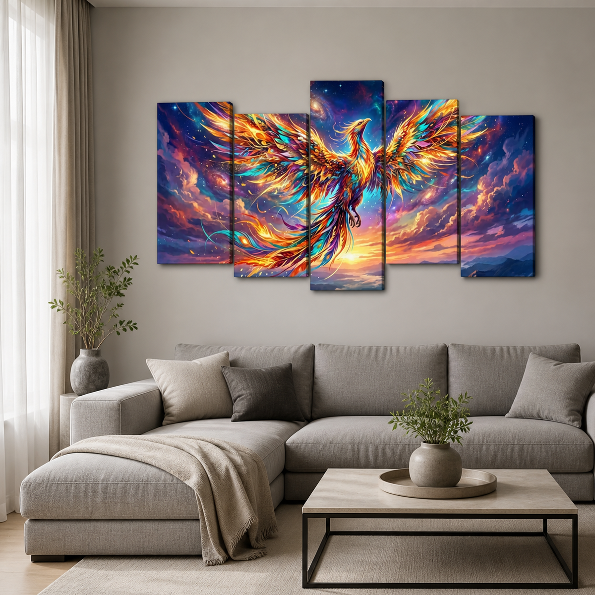 A 5-panel canvas wall art set depicting a vibrant, colorful phoenix rising from a fiery sunset sky, displayed on a light gray wall above a modern gray sectional sofa in a living room setting.