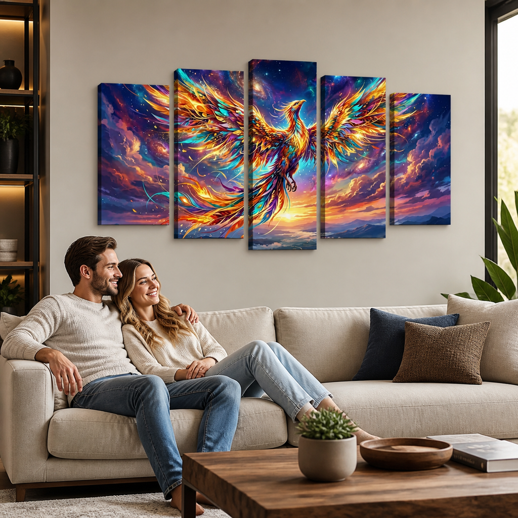 A couple sits on a beige sofa in a modern living room, looking at a five-panel canvas wall art set depicting a colorful, fiery phoenix against a dramatic sky.